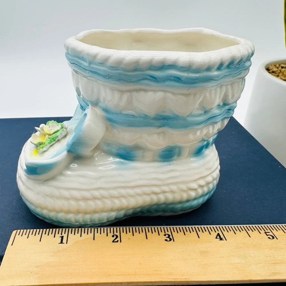 Rubens Japan Vintage Ceramic Baby Bootie Planter Blue White Floral 300